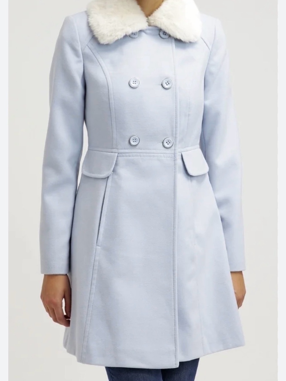 Miss Selfridge Pale Blue Double-Breasted Coat Dress with Cream Faux Fur Collar